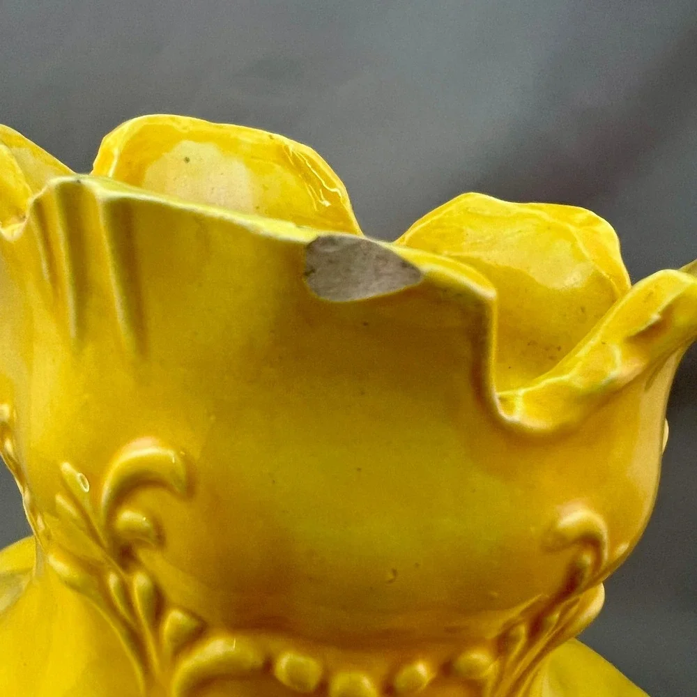 Ceramic Vase Yellow Fair Embossed Scalloped No. 62 Vintage See pics for flaws